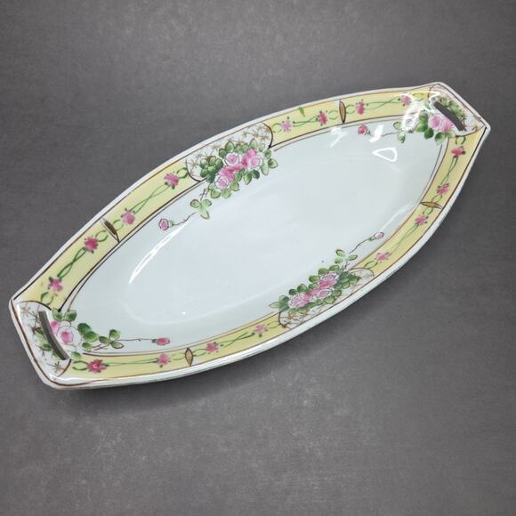 Nippon Hand Painted Celery Dish Pink Floral Porcelain 11in Chintz - Picture 3 of 16
